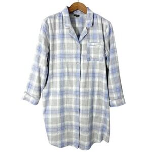 Talbots Cotton Long Sleeve Plaid Blue Grey Nightshirt Womens Size Large